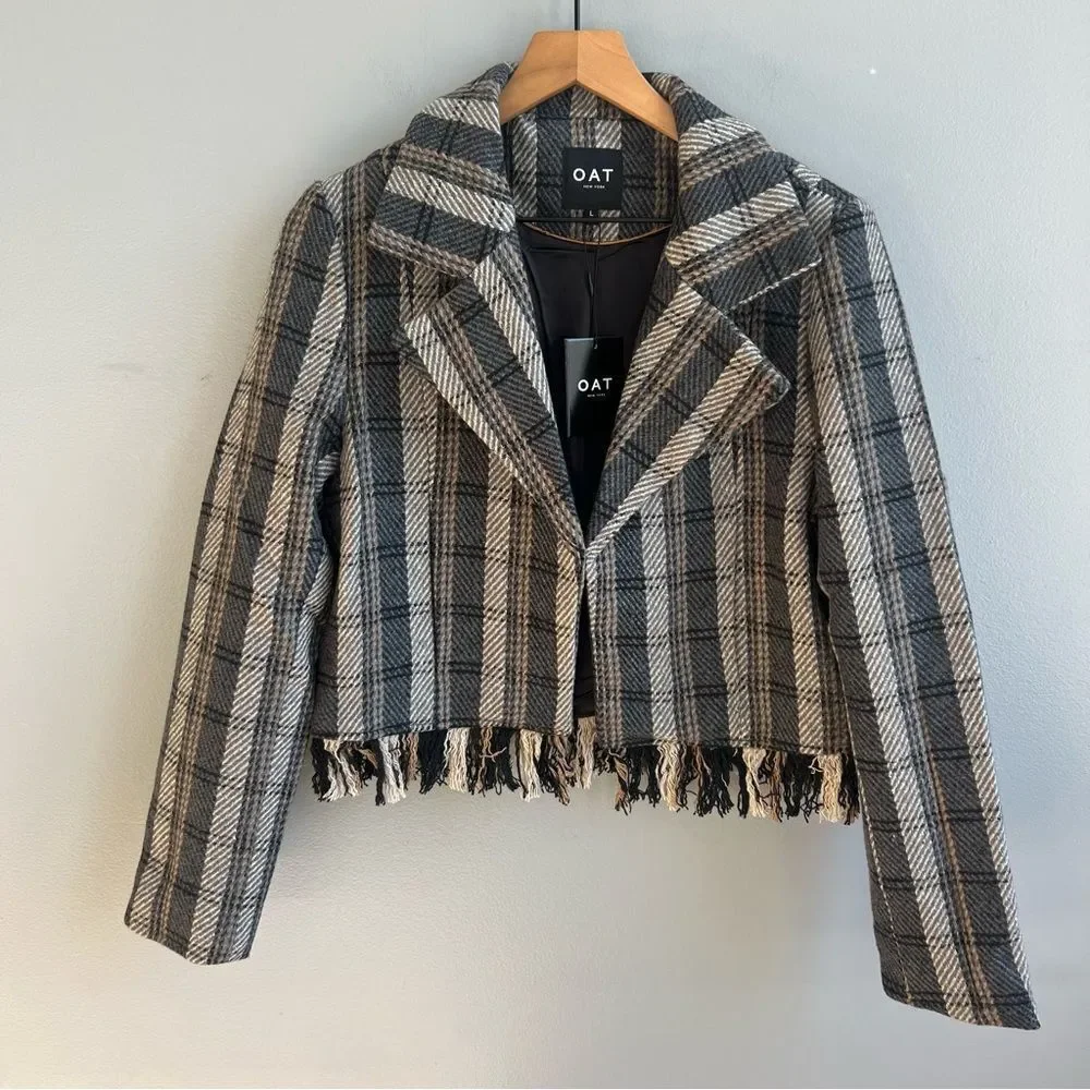 OAT NEW YORK NWT Plaid Fringe Blazer Tweed Cropped Jacket Size Large